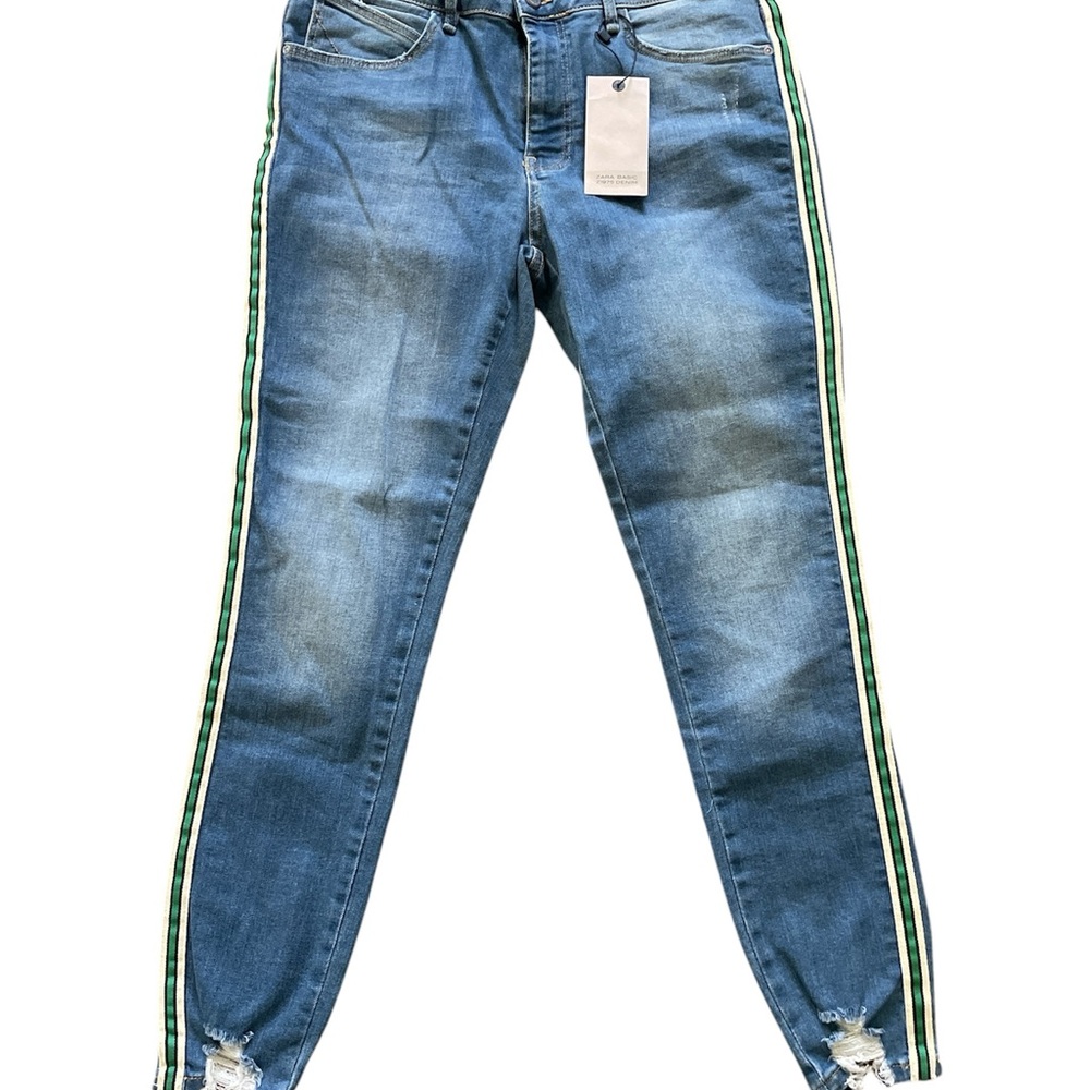 Stylish Blue Jeans with Green Stripe